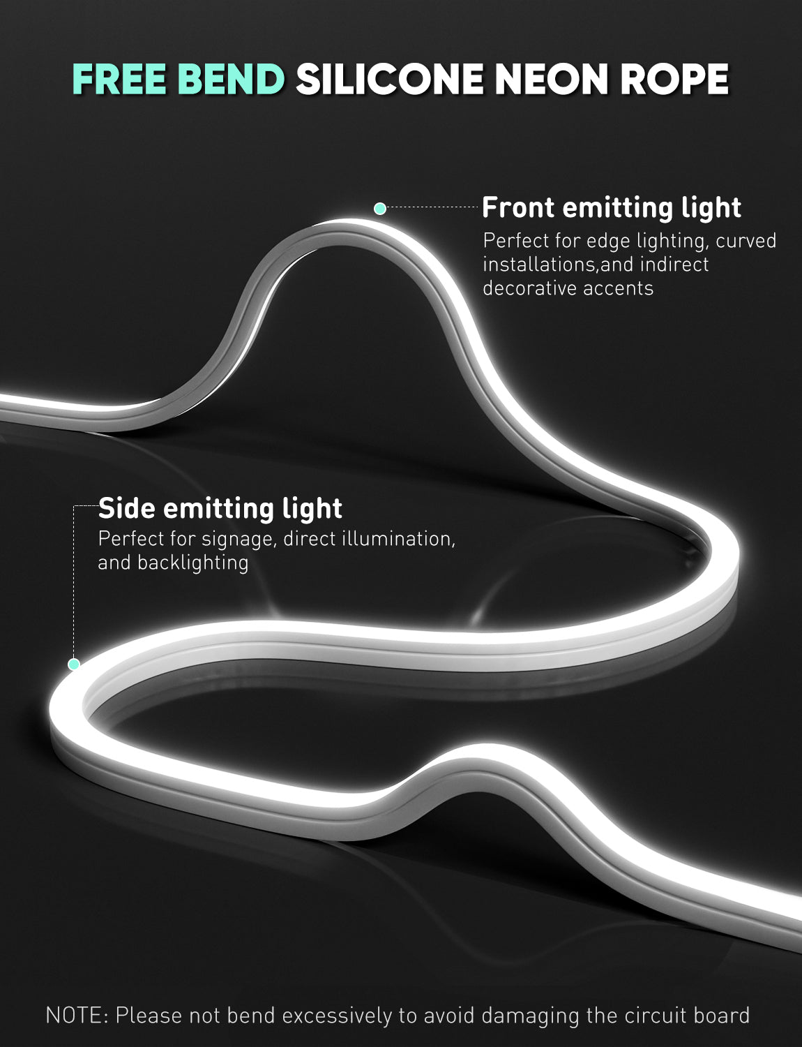 GZBtech 120V LED Neon Rope Lights, 3D Top & Side Free Bend 6000K Cool White Neon Strip, 122+LM/FT Diver-Free IP65 Rope Lighting for Indoor Outdoor Decoration.