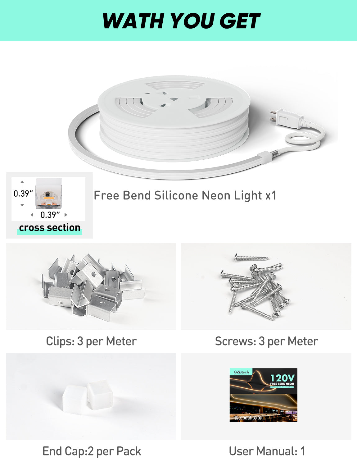 GZBtech 120V LED Neon Rope Lights, 3D Top & Side Free Bend 2800K Warm White Neon Strip, 122+LM/FT Diver-Free IP65 Rope Lighting for Indoor Outdoor Decoration