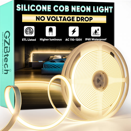 GZBtech ETL listed Silicone COB Neon Rope Light 2800K Super Bright warm White Waterproof Cob Led Strip Light, 120V Flexible Cuttable Dimmable LED Rope Lighting for Indoor Outdoor Home Commercial.