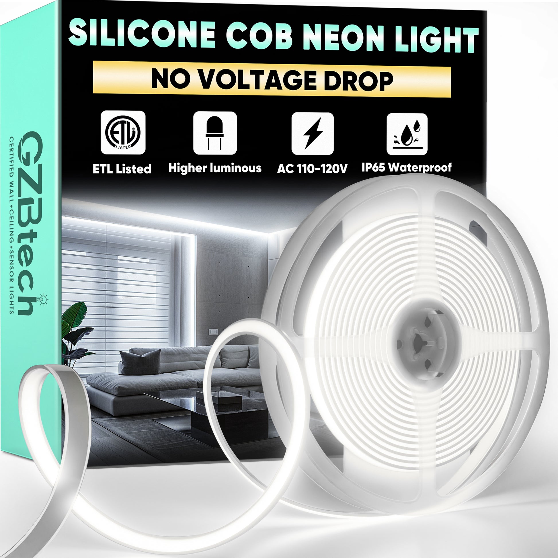 GZBtech ETL listed Silicone COB Neon Rope Lights 6000K Super Bright Cold White Waterproof COB LED Strip Light, Flexible Cuttable Dimmable LED Rope Lighting for Indoor Outdoor Home Commercial