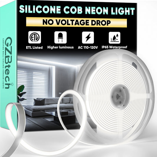 GZBtech ETL listed Silicone COB Neon Rope Lights 6000K Super Bright Cold White Waterproof COB LED Strip Light, Flexible Cuttable Dimmable LED Rope Lighting for Indoor Outdoor Home Commercial