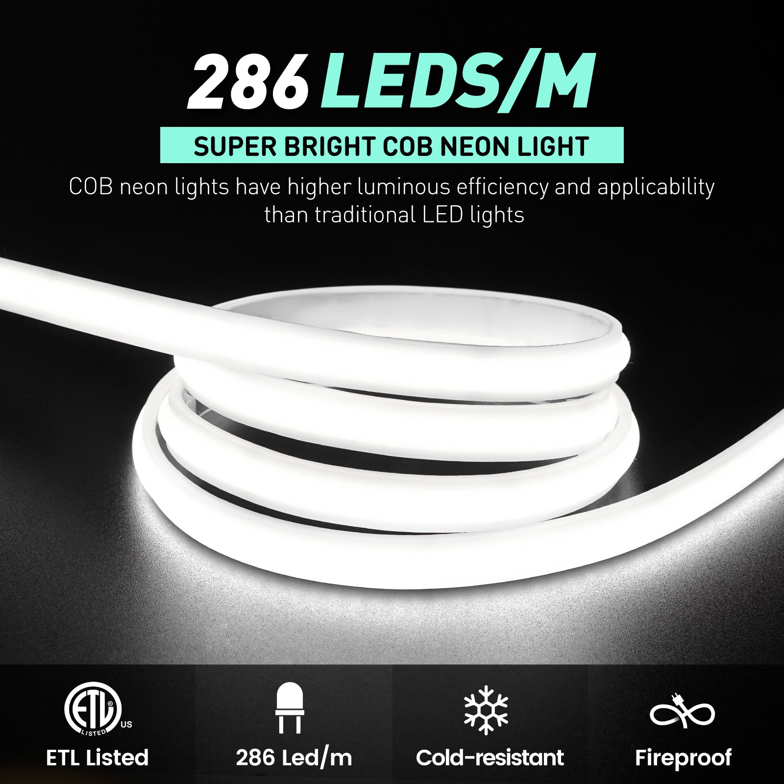 GZBtech ETL listed Silicone COB Neon Rope Lights 6000K Super Bright Cold White Waterproof COB LED Strip Light, Flexible Cuttable Dimmable LED Rope Lighting for Indoor Outdoor Home Commercial