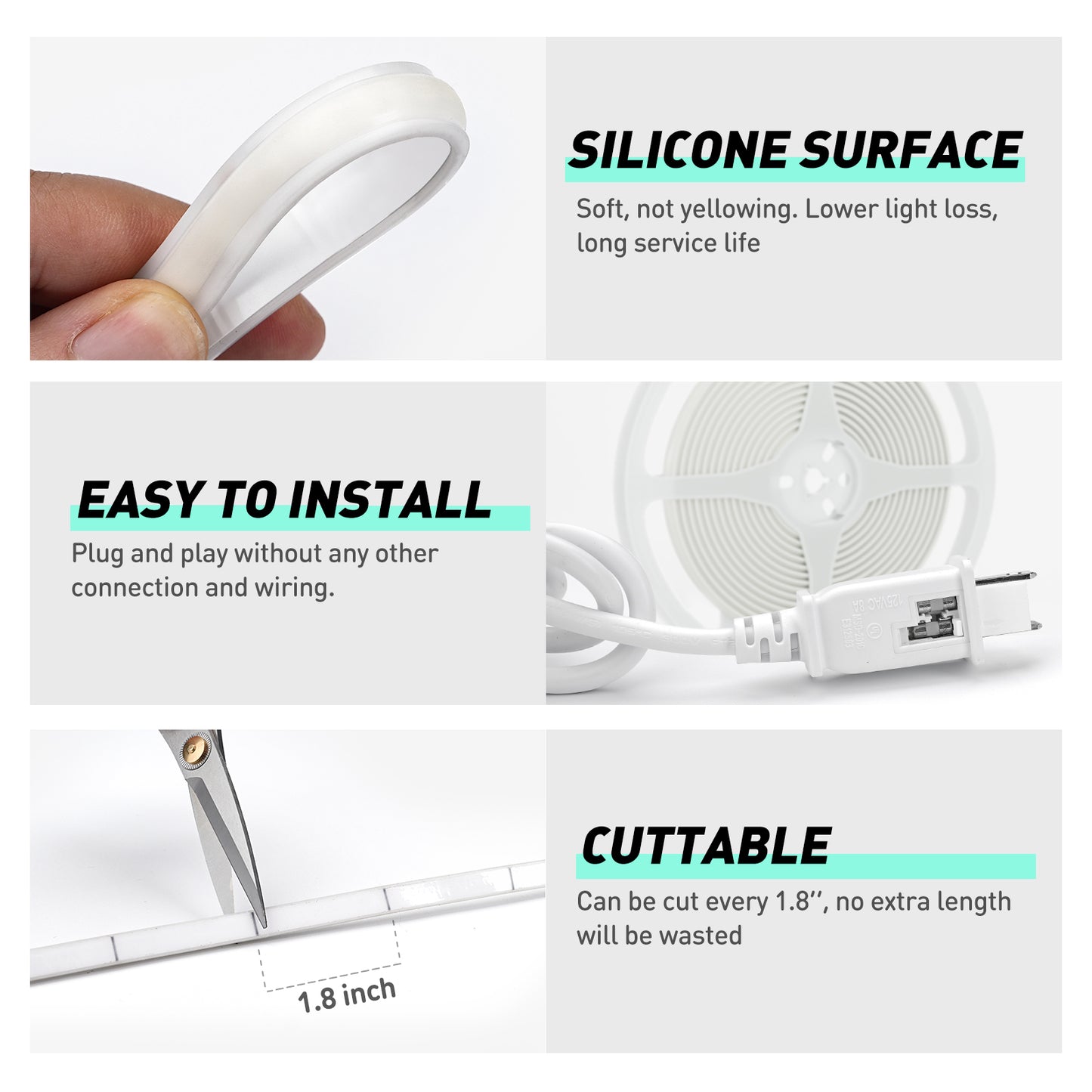 GZBtech ETL listed Silicone COB Neon Rope Lights 6000K Super Bright Cold White Waterproof COB LED Strip Light, Flexible Cuttable Dimmable LED Rope Lighting for Indoor Outdoor Home Commercial