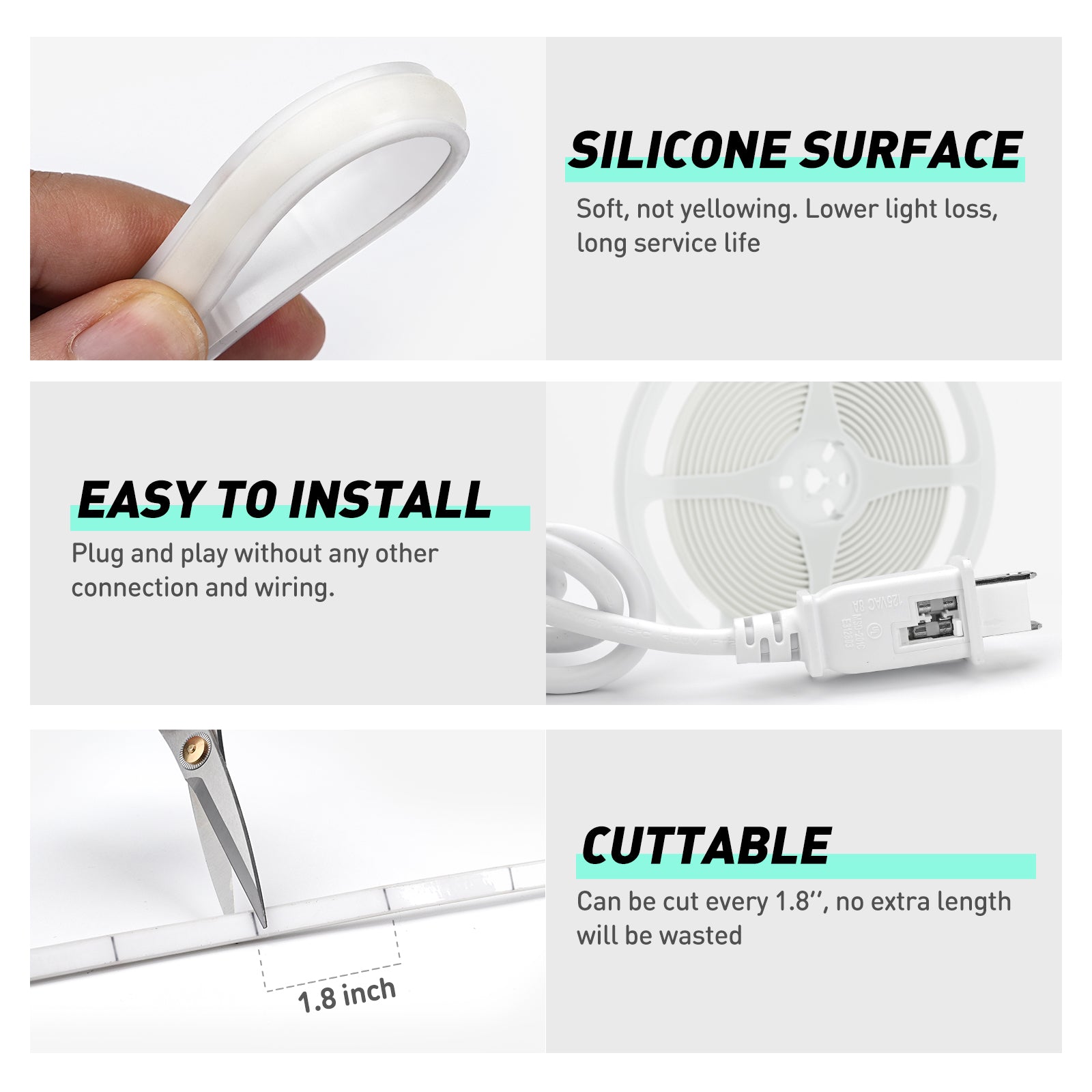 GZBtech ETL listed Silicone COB Neon Rope Lights 6000K Super Bright Cold White Waterproof COB LED Strip Light, Flexible Cuttable Dimmable LED Rope Lighting for Indoor Outdoor Home Commercial