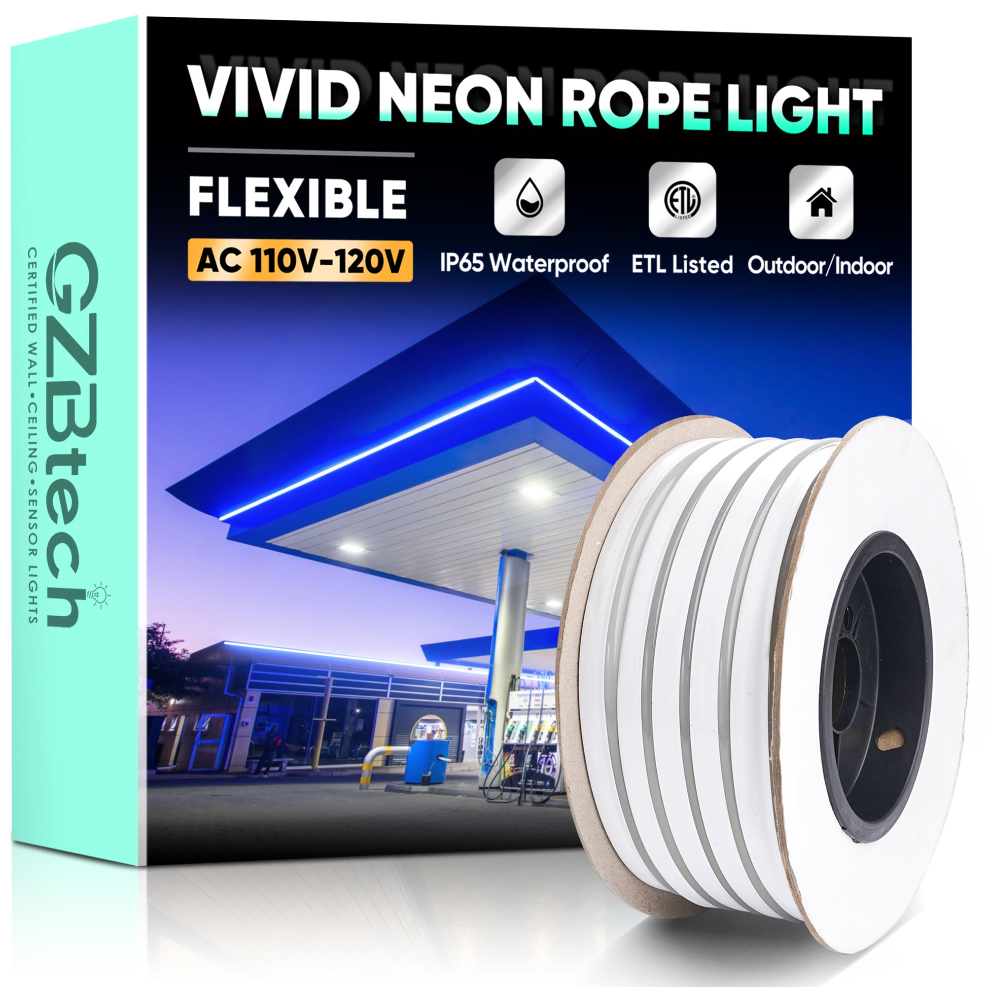 GZBtech Flexible Blue LED Rope Light 16FT to 131FT,  Waterproof blue neon rope Light, 120 LEDs/M Cuttable Connectable Neon Lighting for Indoor Outdoor Home Decor/Commercial Building Use.