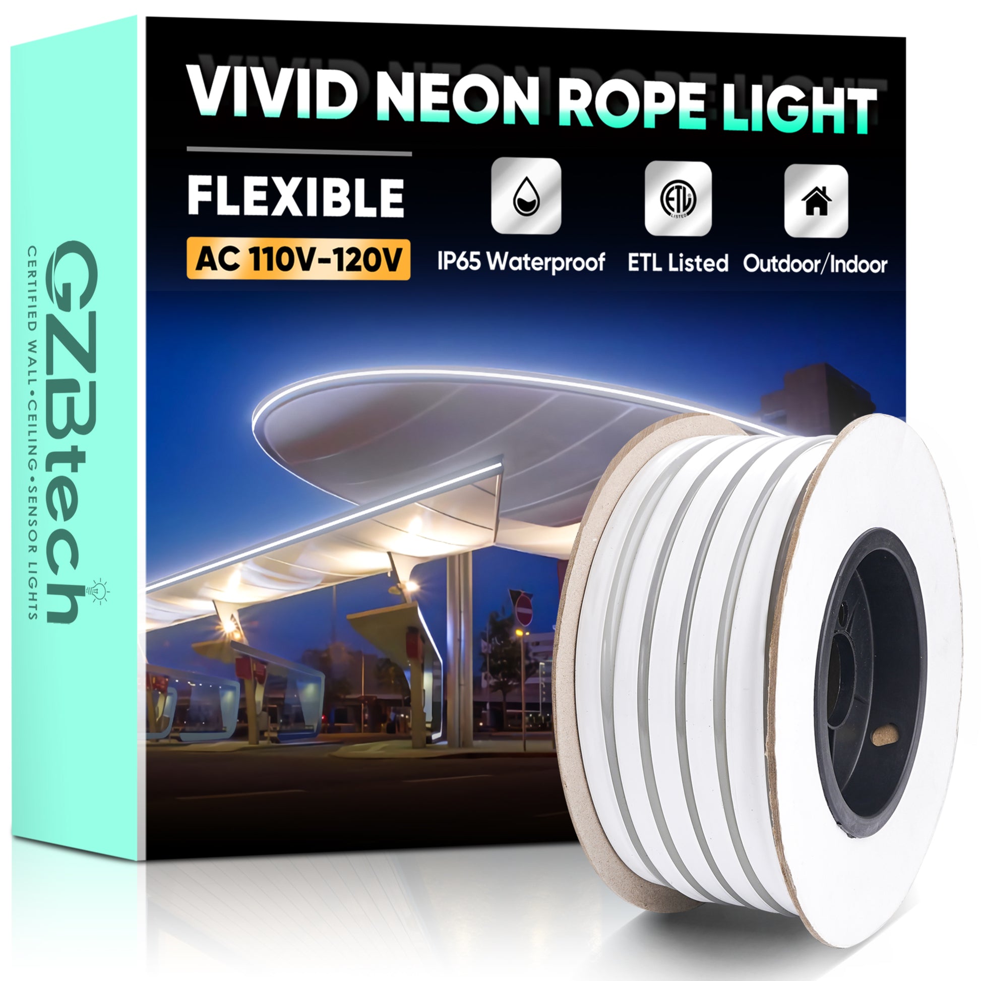 GZBtech Flexible LED Neon Rope Lights cool white, Waterproof Neon Strip Light, 120 LEDs/M Cuttable Connectable Led Neon Lighting for Indoor Outdoor Home Decor/Commercial Building Use.