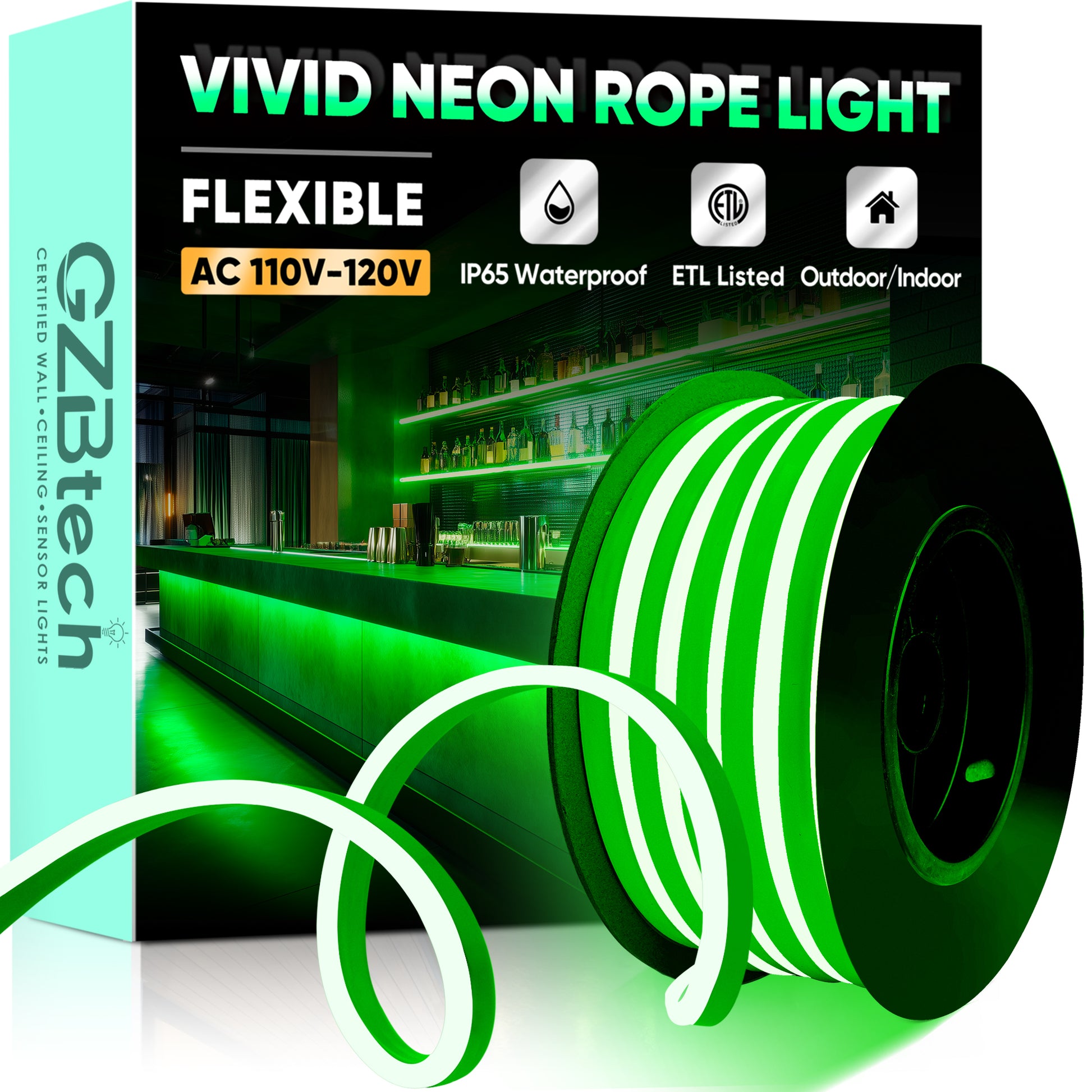 120V ETL Listed Flexible Green Neon Rope Light Save Energy, IP65 waterprooof, cuttable