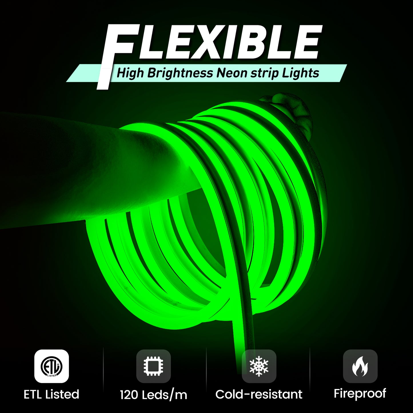 120V ETL Listed Flexible Green Neon Rope Light Save Energy, IP65 waterprooof, cuttable