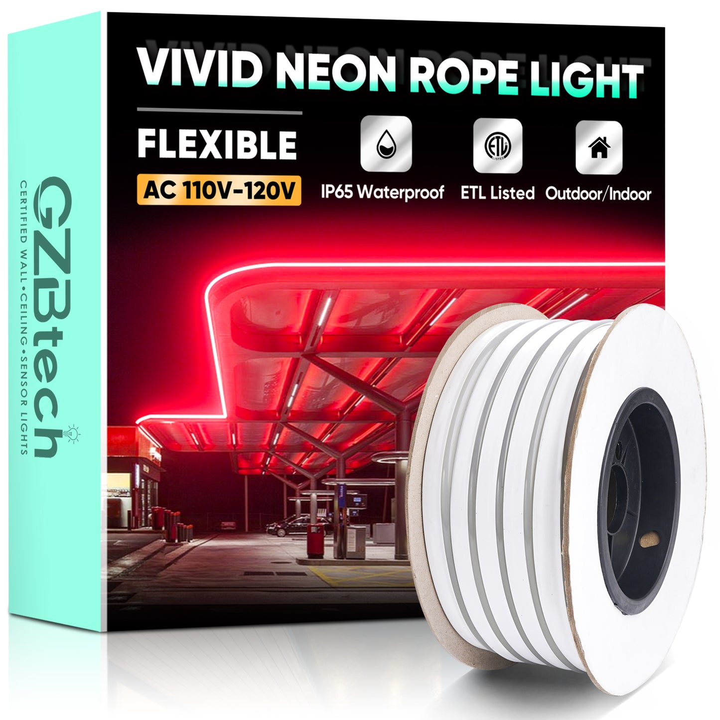 GZBtech Flexible Red LED Rope Light, Waterproof Neon Strip Light, 120 LEDs/M Cuttable Connectable Red Neon Lighting for Indoor Outdoor Home Decor/Commercial Building Use.