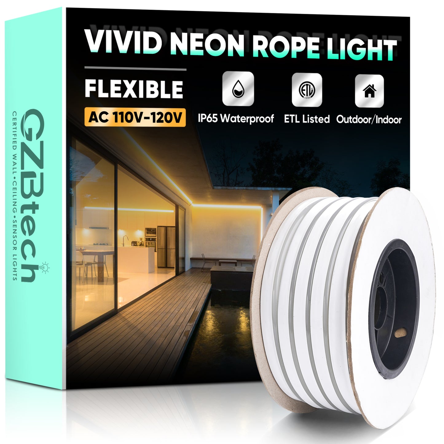 GZBtech Flexible LED Neon Rope Lights warm white 2600K, Waterproof Neon Strip Light, 120 LEDs/M Cuttable Connectable Neon Lighting for Indoor Outdoor Home Decor/Commercial Building Use.