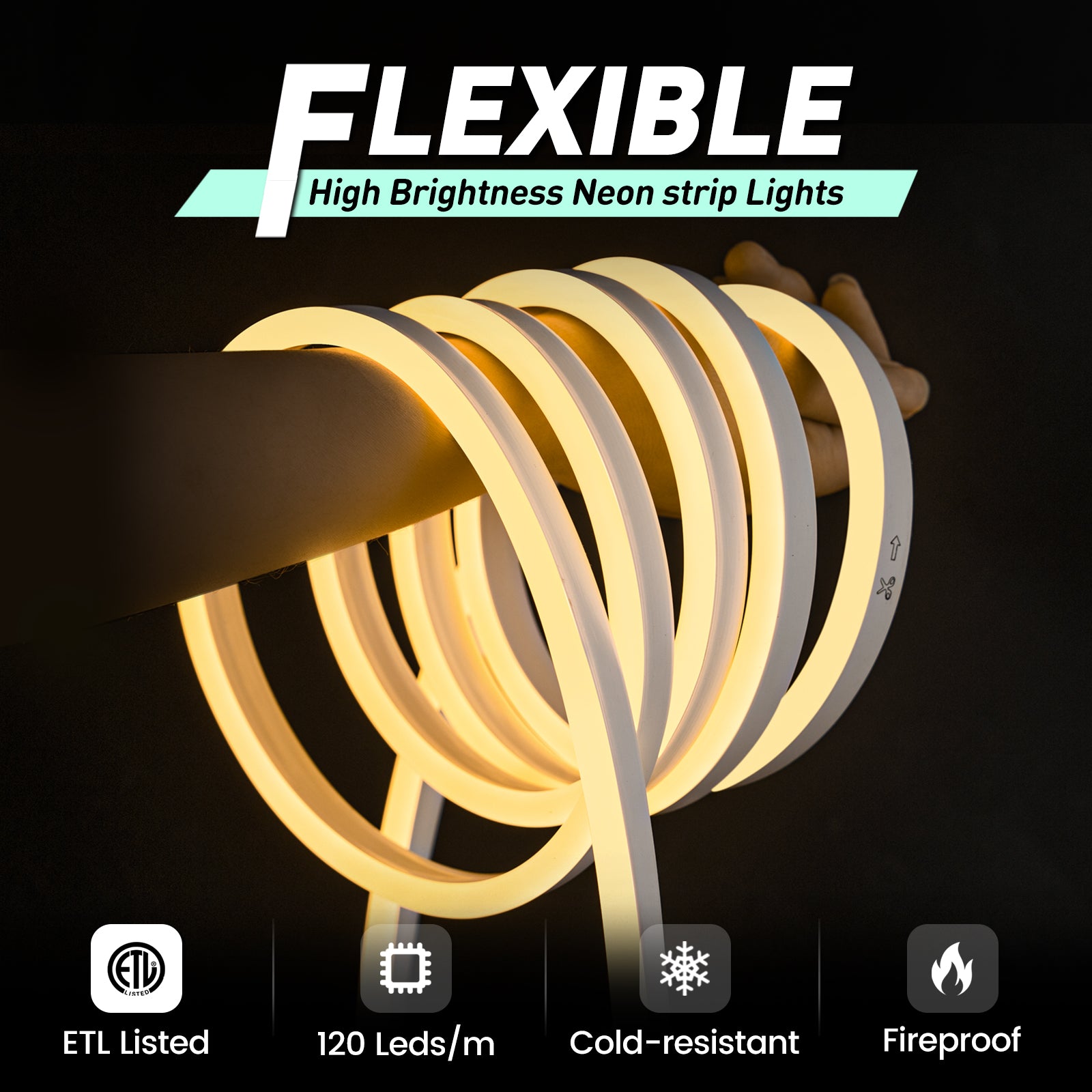 GZBtech Flexible LED Neon Rope Lights warm white 2600K, Waterproof Neon Strip Light, 120 LEDs/M Cuttable Connectable Neon Lighting for Indoor Outdoor Home Decor/Commercial Building Use.
