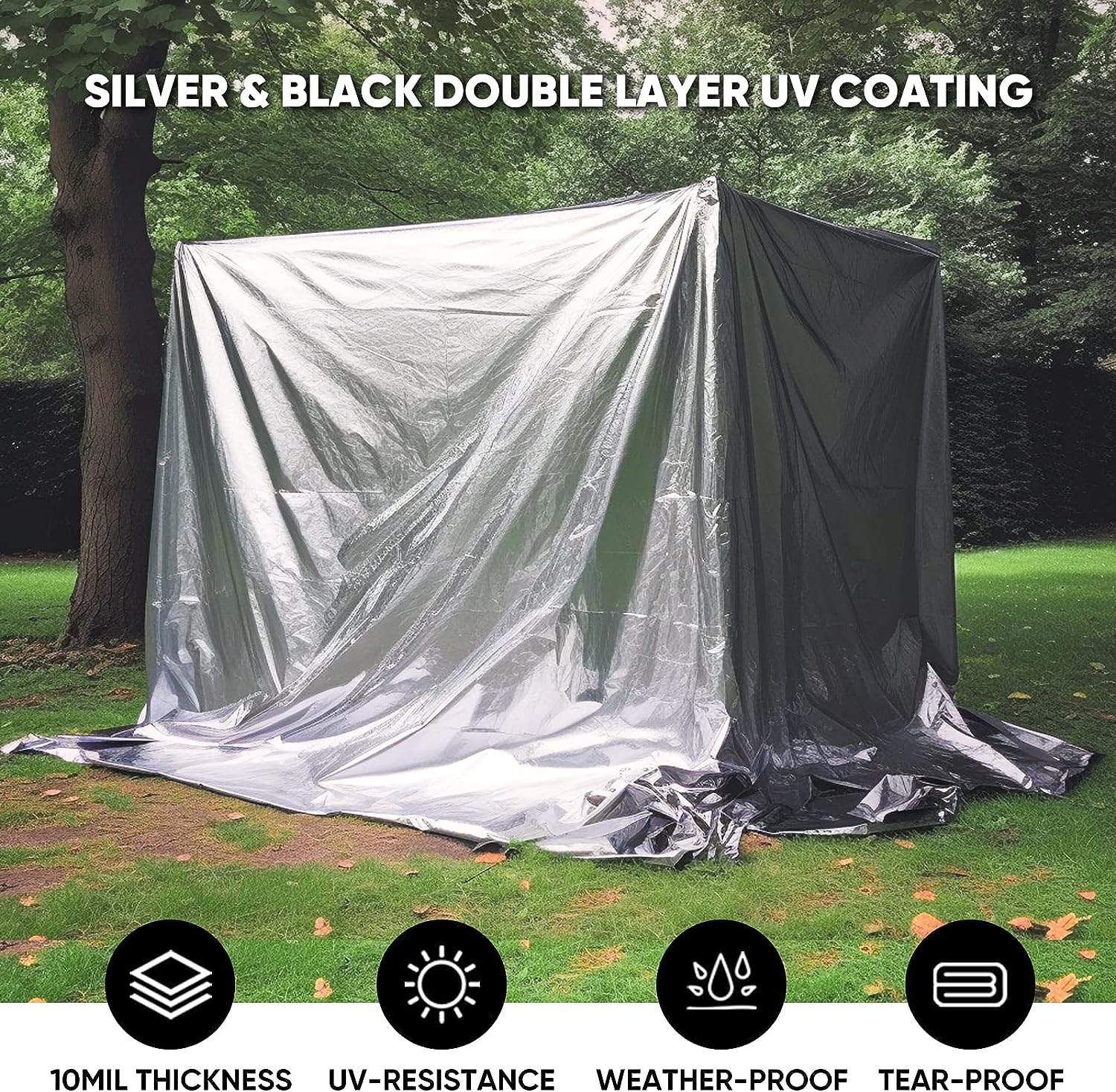 GZBtech 10 Mil Heavy Duty Tarp Large Tarp 12 Sizes, Waterproof Thick Silver black Tarpaulin Cover for Outdoor Garden Use, UV Resistant, Tear Proof Poly Tarps.