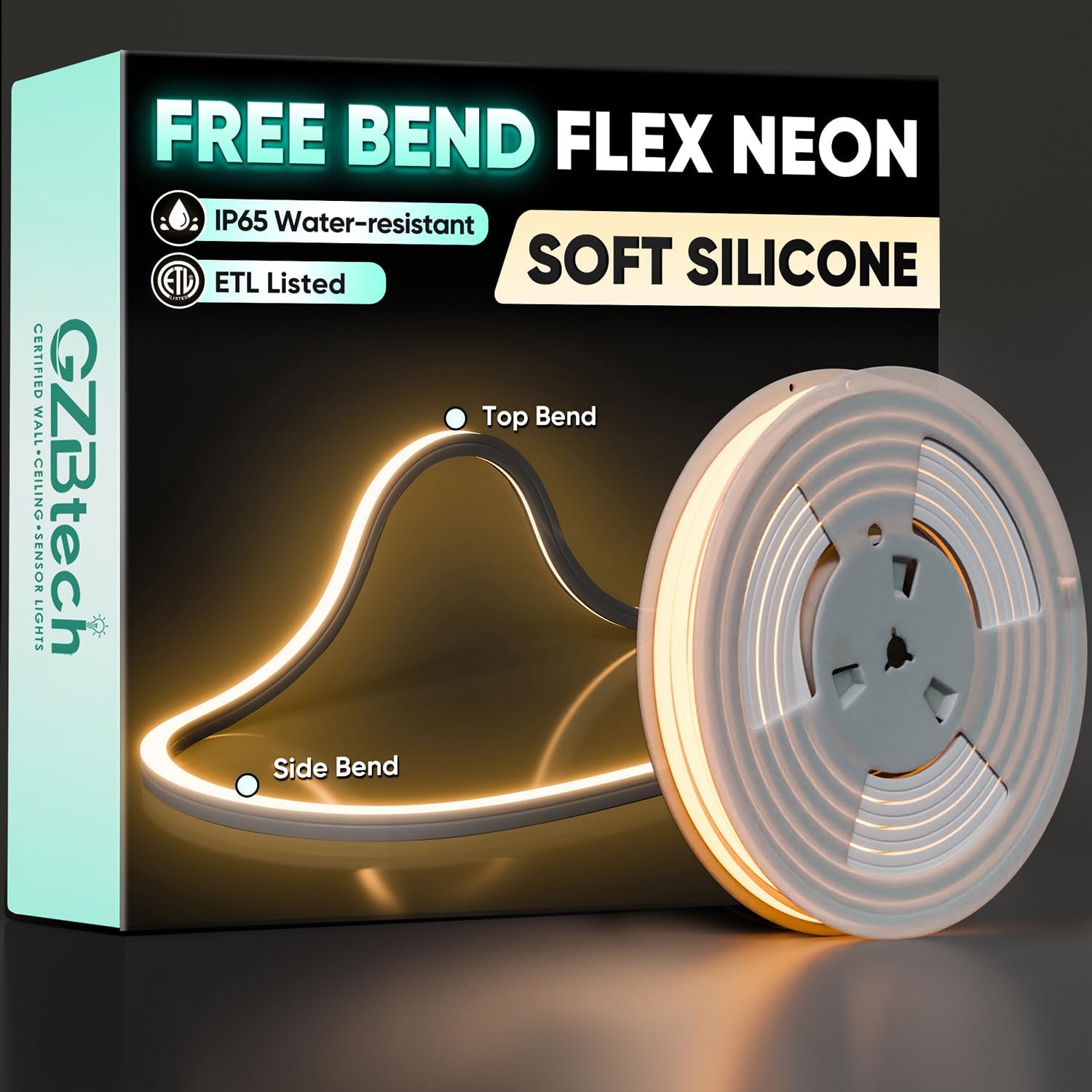 GZBtech 120V LED Neon Rope Lights, 3D Top & Side Free Bend neon flex 2800K warm White Neon Strip, 122+LMFT Diver-Free IP65 Rope Lighting for Indoor Outdoor Decoration.