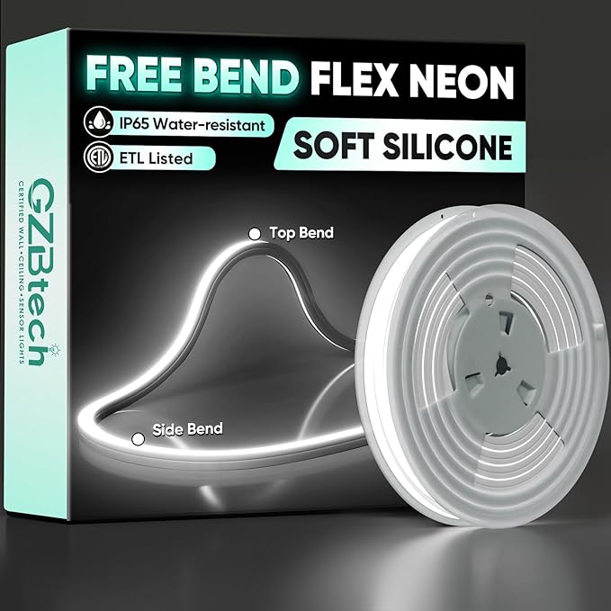 GZBtech 120V LED Neon Rope Lights, 3D Top & Side Free Bend neon flex 6000K Cool White Neon Strip, 122+LMFT Diver-Free IP65 Rope Lighting for Indoor Outdoor Decoration.