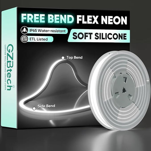 GZBtech 120V LED Neon Rope Lights, 3D Top & Side Free Bend neon flex 6000K Cool White Neon Strip, 122+LMFT Diver-Free IP65 Rope Lighting for Indoor Outdoor Decoration.
