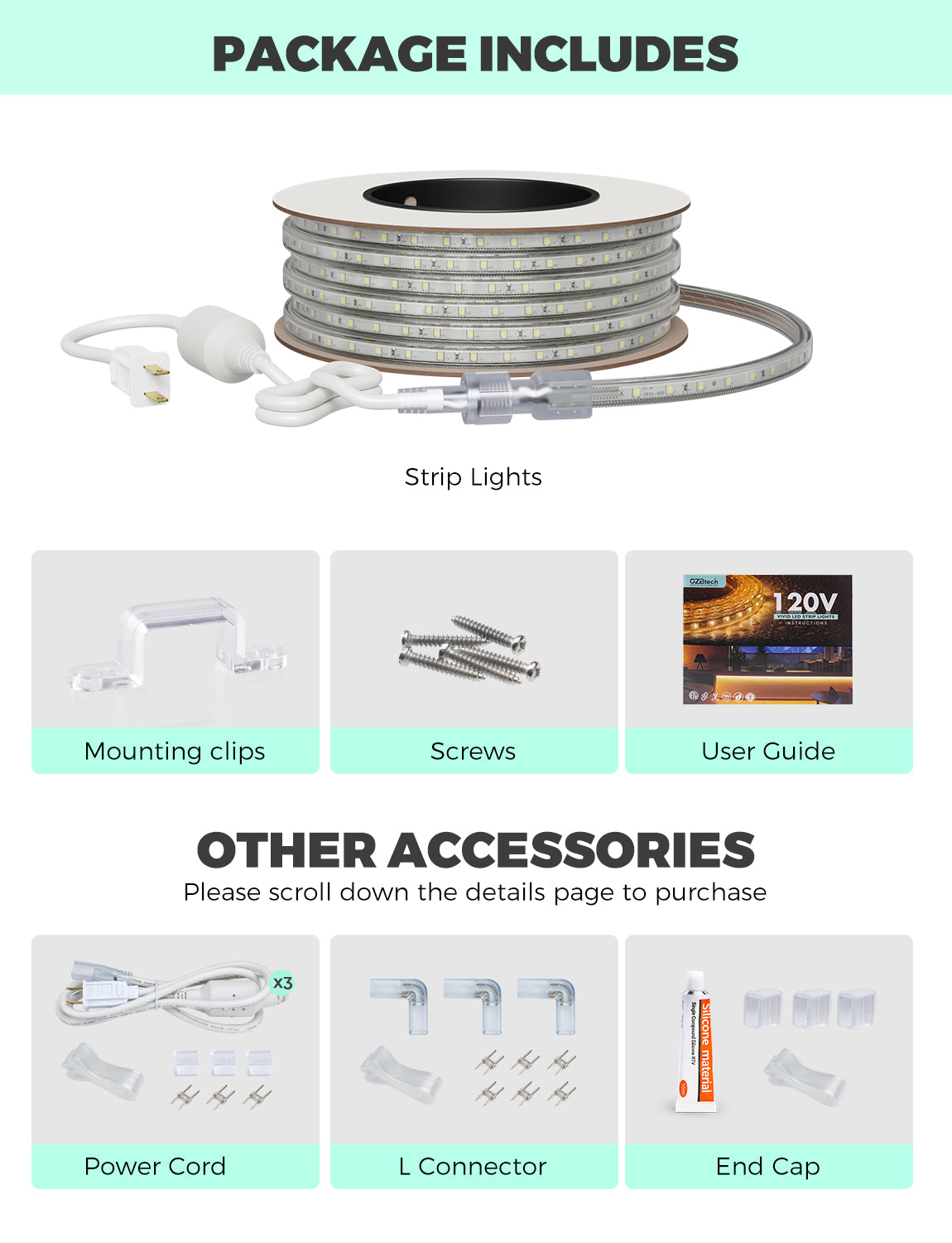 GZBtech AC 110-120V LED Strip Lighting, 16ft to 132ft 6000K Cool White IP65 Waterproof Outdoor Strip Lights, 60LEDs/M SMD2835 Cuttable & Connectable LED Rope Light for Indoor Bedroom Outside Exterior.
