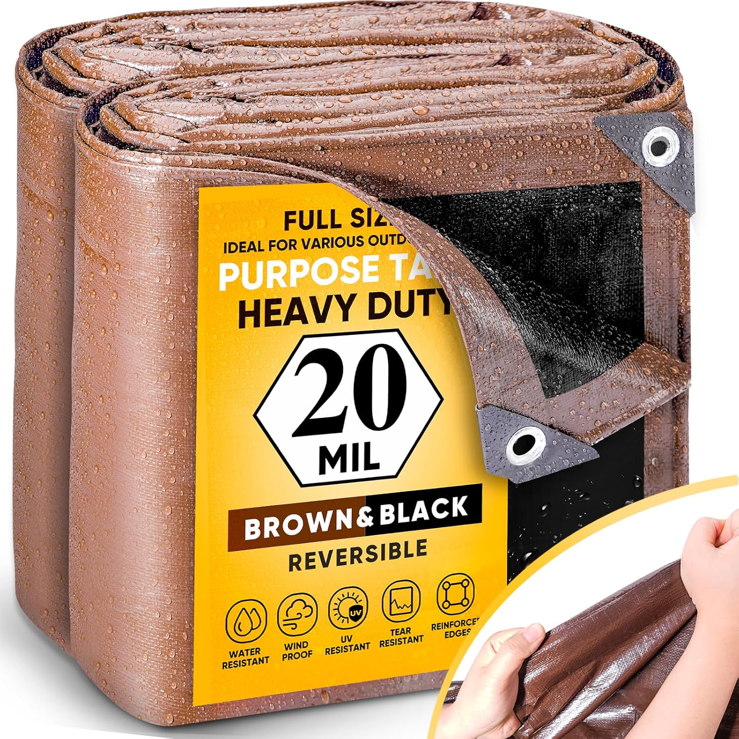 GZBtech 20 Mil Super Heavy Duty Tarp 7 sizes, Waterproof Thick Tarp Brown&Black Outdoor Poly Tarps for Patio Garden Use, UV Resistant Ground Cover.