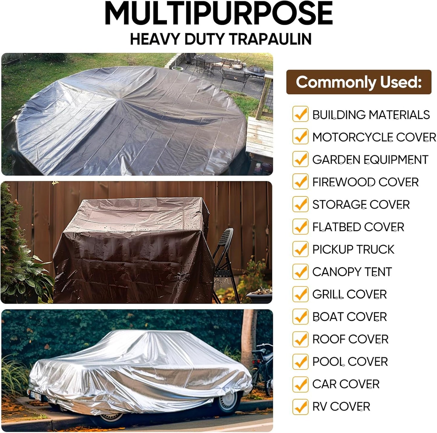 GZBtech Waterproof Tarp 16 Mil Heavy Duty Tarp 11 Sizes Silver&Brown, Waterproof Thick Plastic Ground Cover for Outdoor Patio Garden Yard Use, UV Resistant Poly Tarps.