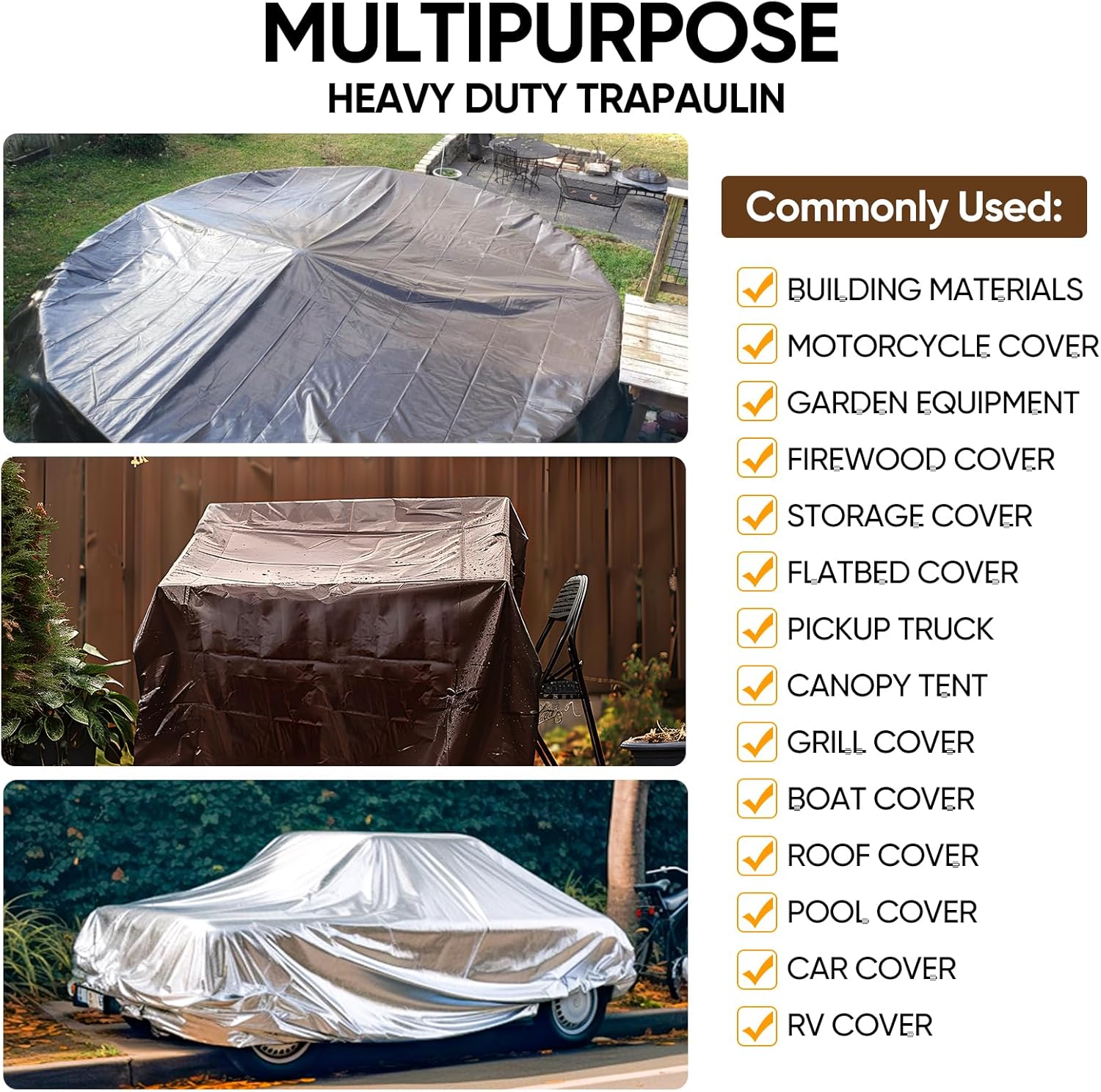 GZBtech Waterproof Tarp 16 Mil Heavy Duty Tarp 11 Sizes Silver&Brown, Waterproof Thick Plastic Ground Cover for Outdoor Patio Garden Yard Use, UV Resistant Poly Tarps.