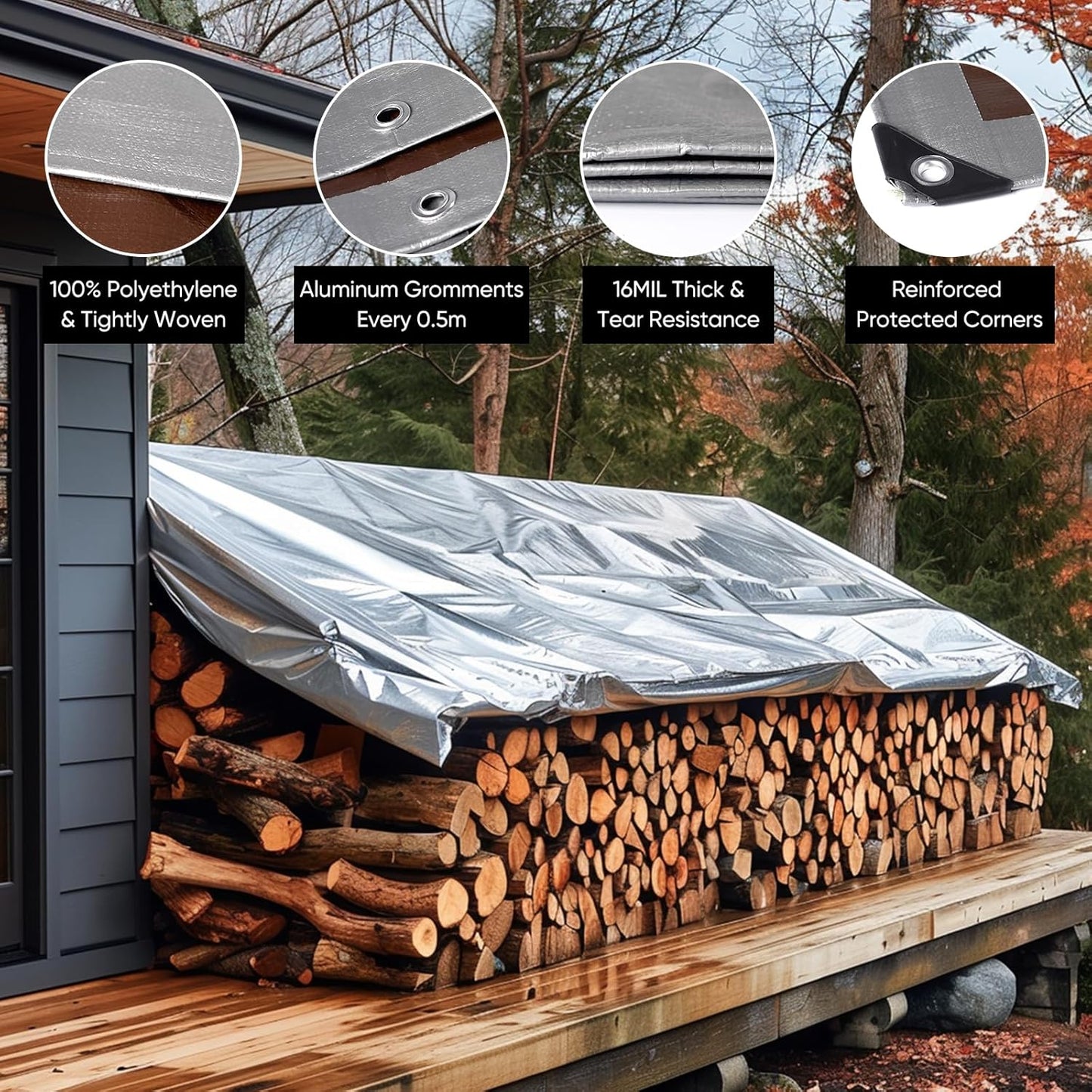 GZBtech Waterproof Tarp 16 Mil Heavy Duty Tarp 11 Sizes Silver&Brown, Waterproof Thick Plastic Ground Cover for Outdoor Patio Garden Yard Use, UV Resistant Poly Tarps.