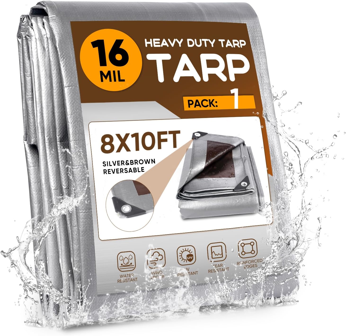 GZBtech Waterproof Tarp 16 Mil Heavy Duty Tarp 11 Sizes Silver&Brown, Waterproof Thick Plastic Ground Cover for Outdoor Patio Garden Yard Use, UV Resistant Poly Tarps.
