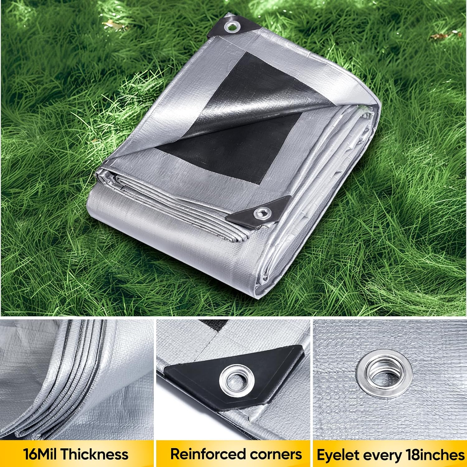GZBtech Waterproof Tarp 16 Mil Heavy Duty Tarp 11 Sizes Silver&Black, Waterproof Thick Plastic for Outdoor Patio Yard Use, UV Resistant Tarps.