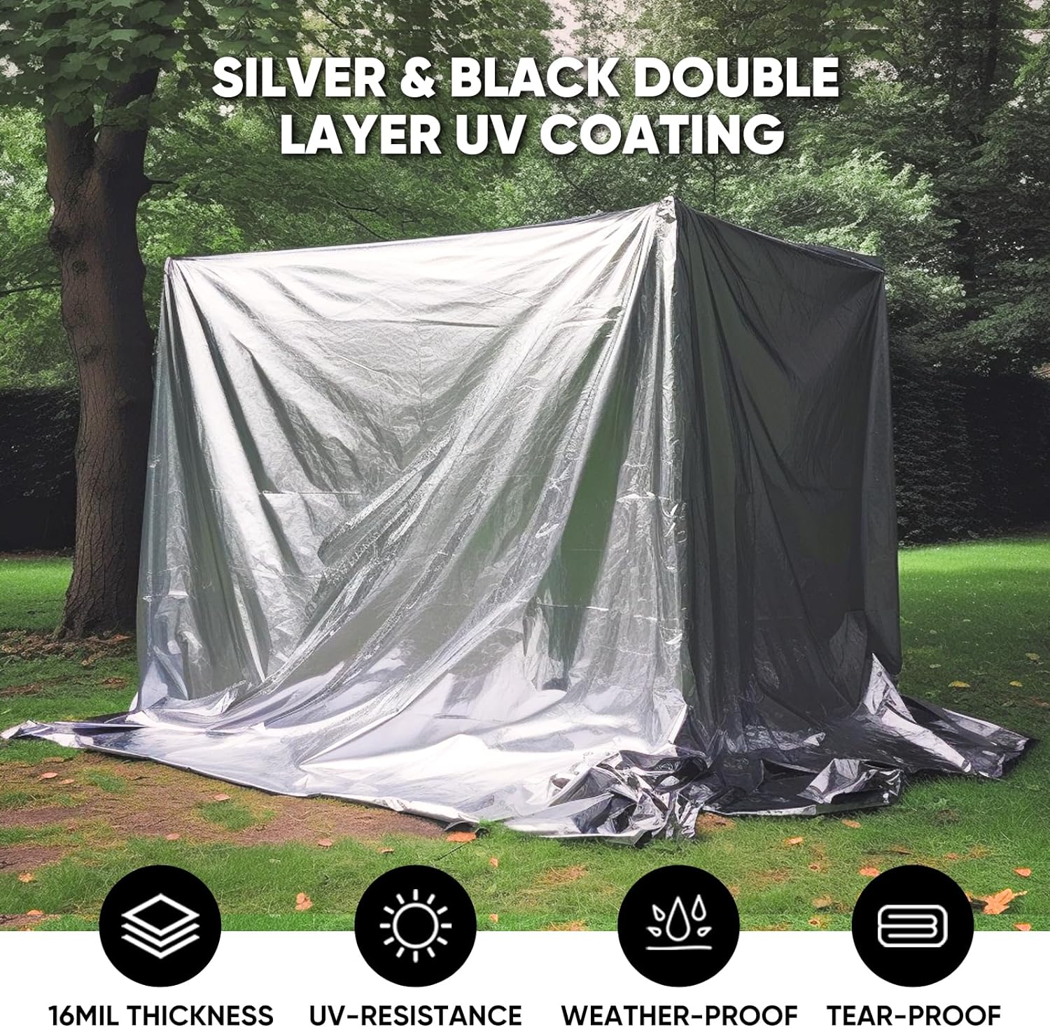 GZBtech Waterproof Tarp 16 Mil Heavy Duty Tarp 11 Sizes Silver&Black, Waterproof Thick Plastic for Outdoor Patio Yard Use, UV Resistant Tarps.