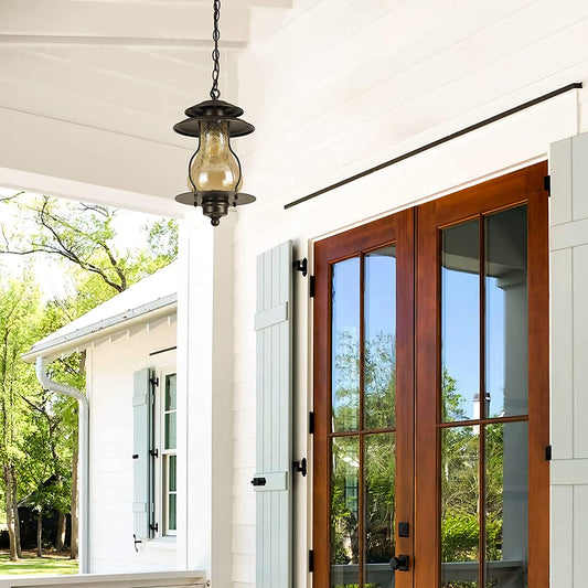 GZBtech Rustic Glass Lantern Outdoor Pendant Light-2