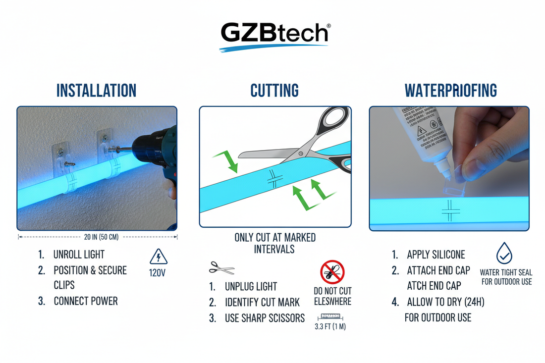 GZBtech 120V LED Neon Rope Light: Installation, Cutting & Waterproofing Guide