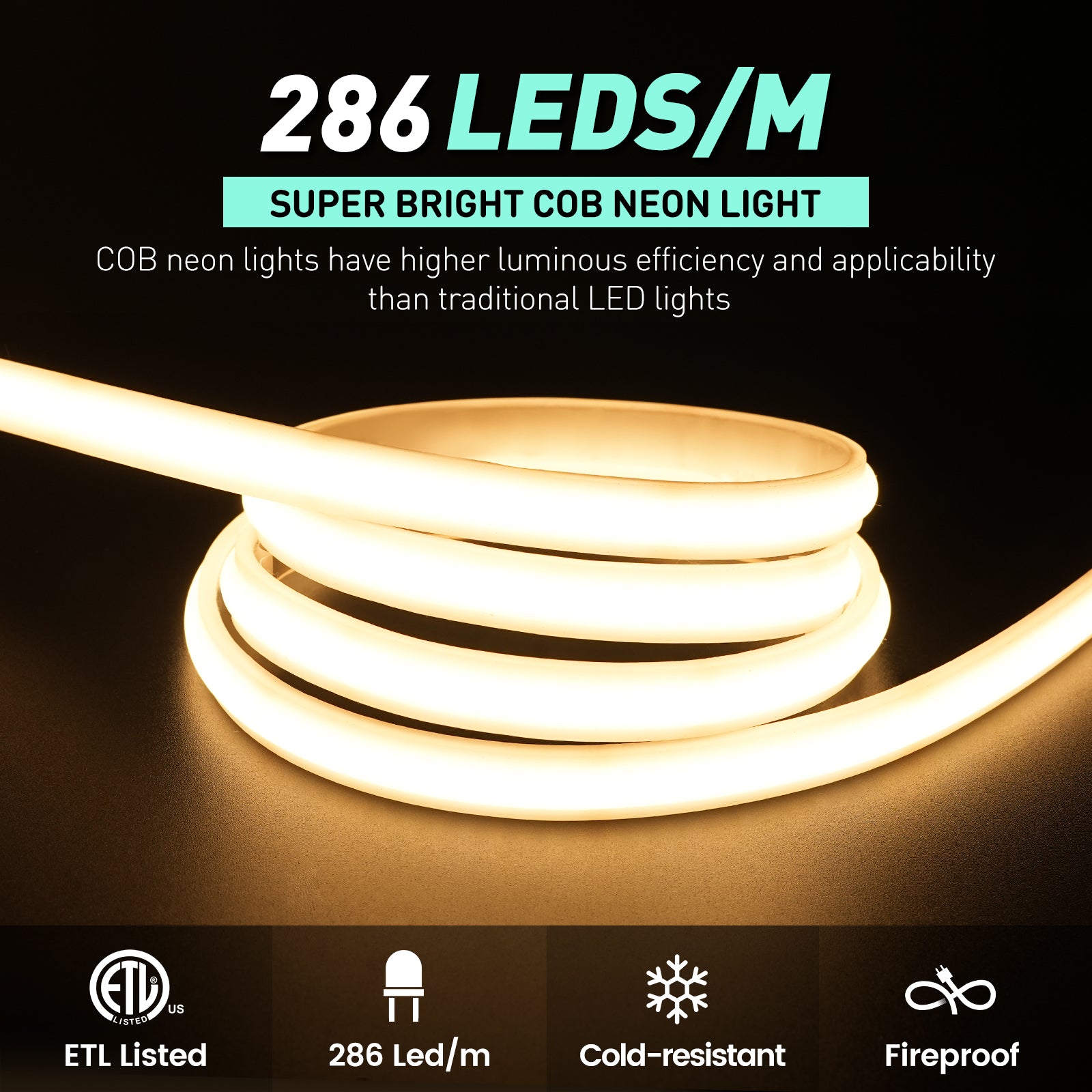 GZBtech ETL listed Silicone COB Neon Rope Light 2800K Super Bright warm White Waterproof Cob Led Strip Light, 120V Flexible Cuttable Dimmable LED Rope Lighting for Indoor Outdoor Home Commercial.