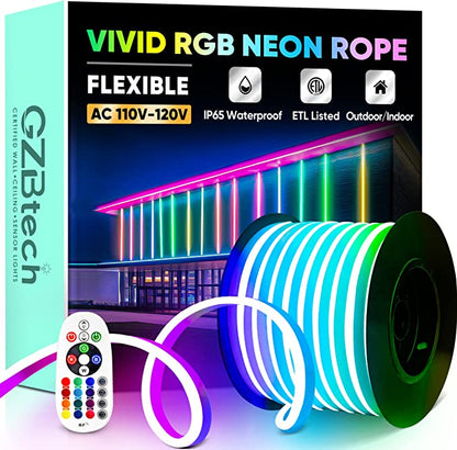 GZBtech RGB Neon Rope Lights, AC 110-120V Waterproof Color Changing LED Rope with Remote Controller, RGB Rope Lighting for Indoor Outdoor Commercial Use.