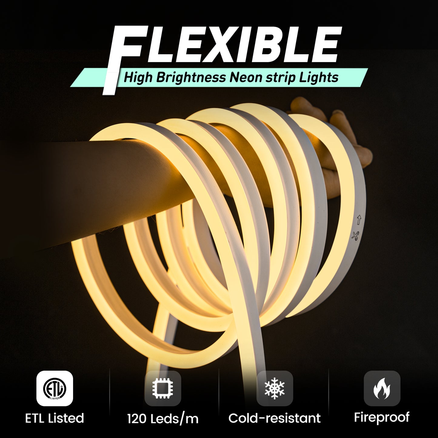 GZBtech Flexible LED Neon Rope Lights warm white 2600K, Waterproof Neon Strip Light, 120 LEDs/M Cuttable Connectable Neon Lighting for Indoor Outdoor Home Decor/Commercial Building Use.