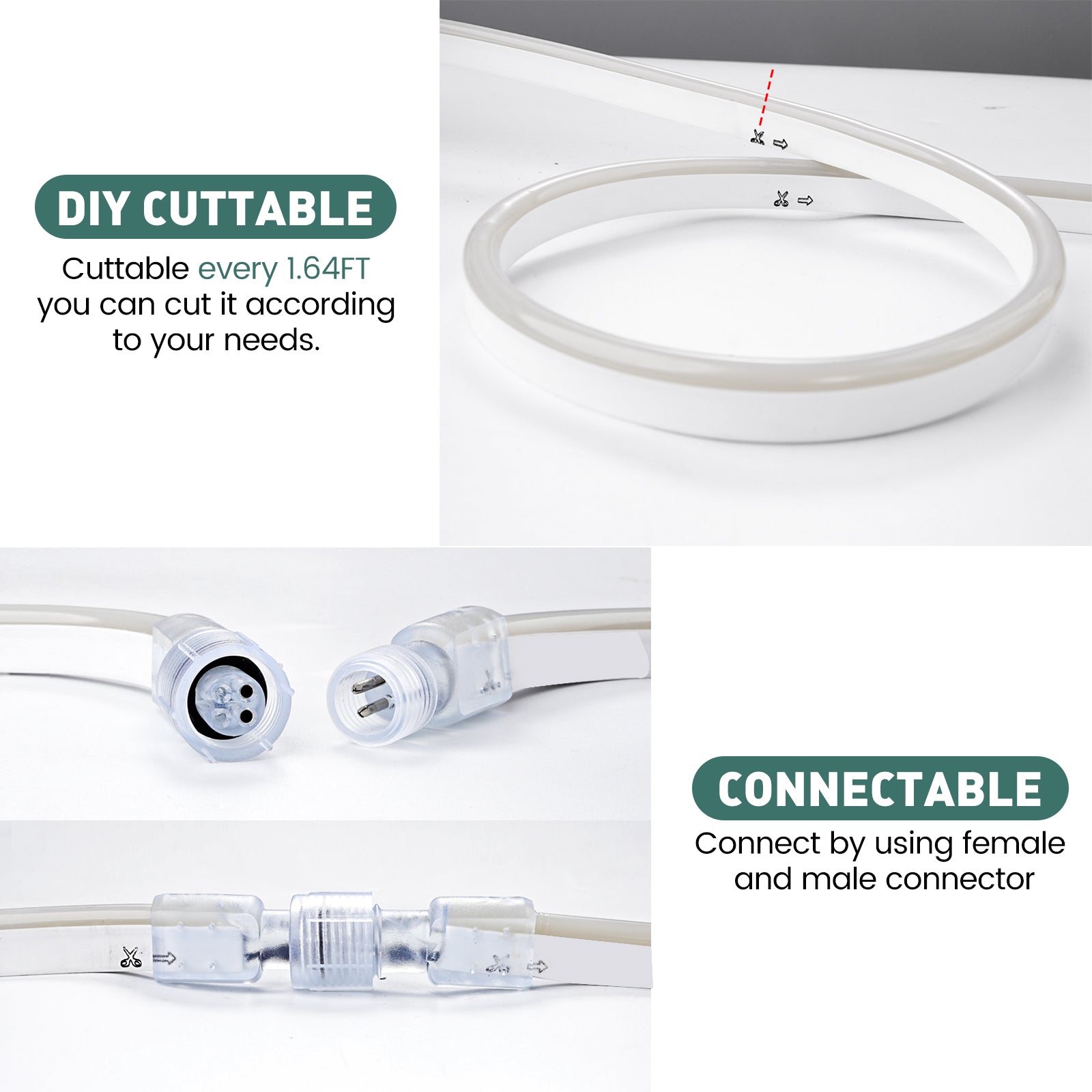 GZBtech Flexible LED Neon Rope Lights warm white 2600K, Waterproof Neon Strip Light, 120 LEDs/M Cuttable Connectable Neon Lighting for Indoor Outdoor Home Decor/Commercial Building Use.