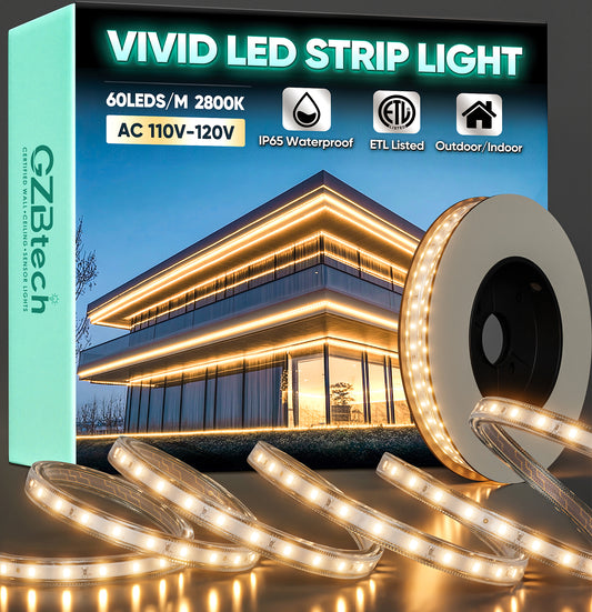 GZBtech AC120V LED Strip Lighting, 2800K Warm White IP65 Waterproof Outdoor Strip Lights, 60LEDs/M SMD2835 Cuttable, Connectable LED Rope Light.