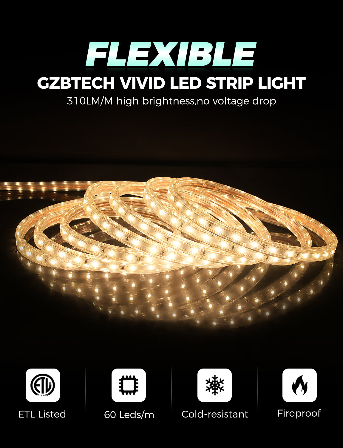 GZBtech AC120V LED Strip Lighting, 2800K Warm White IP65 Waterproof Outdoor Strip Lights, 60LEDs/M SMD2835 Cuttable, Connectable LED Rope Light.