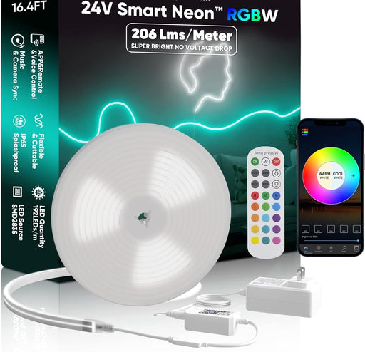 24V 16.4FT Smart Neon Rope Lights, RGBW APP WiFi Control