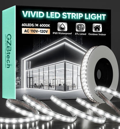 GZBtech AC 110-120V LED Strip Lighting, 16ft to 132ft 6000K Cool White IP65 Waterproof Outdoor Strip Lights, 60LEDs/M SMD2835 Cuttable &amp; Connectable LED Rope Light for Indoor Bedroom Outside Exterior.