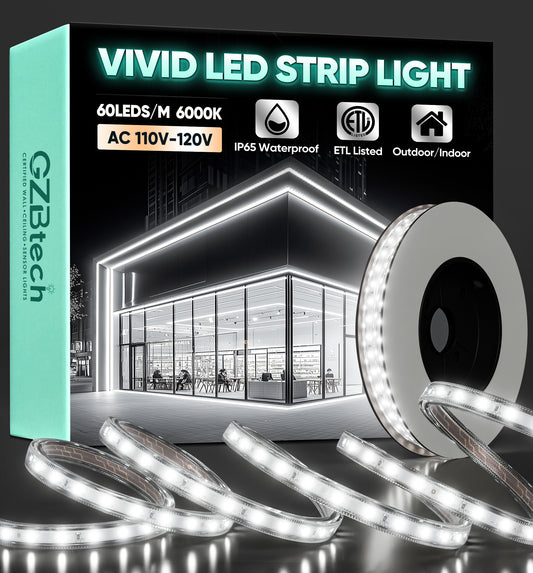 GZBtech AC 110-120V LED Strip Lighting, 16ft to 132ft 6000K Cool White IP65 Waterproof Outdoor Strip Lights, 60LEDs/M SMD2835 Cuttable &amp; Connectable LED Rope Light for Indoor Bedroom Outside Exterior.