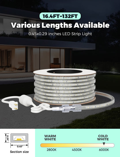 GZBtech AC 110-120V LED Strip Lighting, 16ft to 132ft 6000K Cool White IP65 Waterproof Outdoor Strip Lights, 60LEDs/M SMD2835 Cuttable &amp; Connectable LED Rope Light for Indoor Bedroom Outside Exterior.