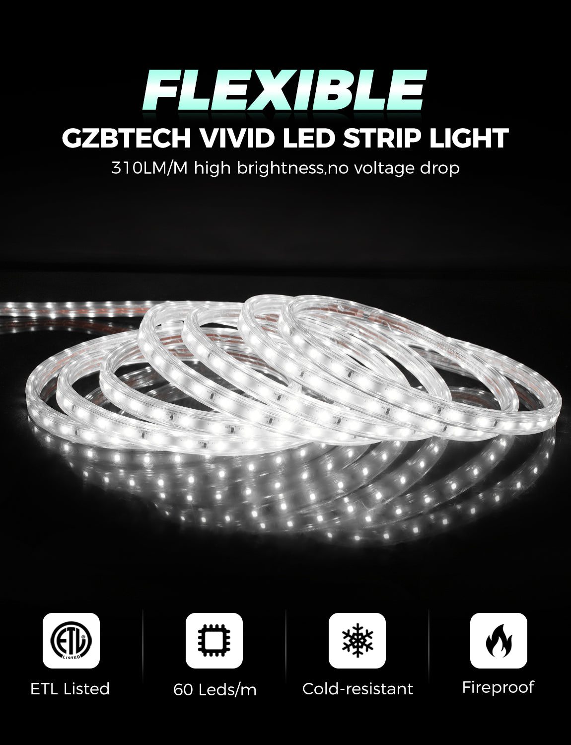 GZBtech AC 110-120V LED Strip Lighting, 16ft to 132ft 6000K Cool White IP65 Waterproof Outdoor Strip Lights, 60LEDs/M SMD2835 Cuttable &amp; Connectable LED Rope Light for Indoor Bedroom Outside Exterior.