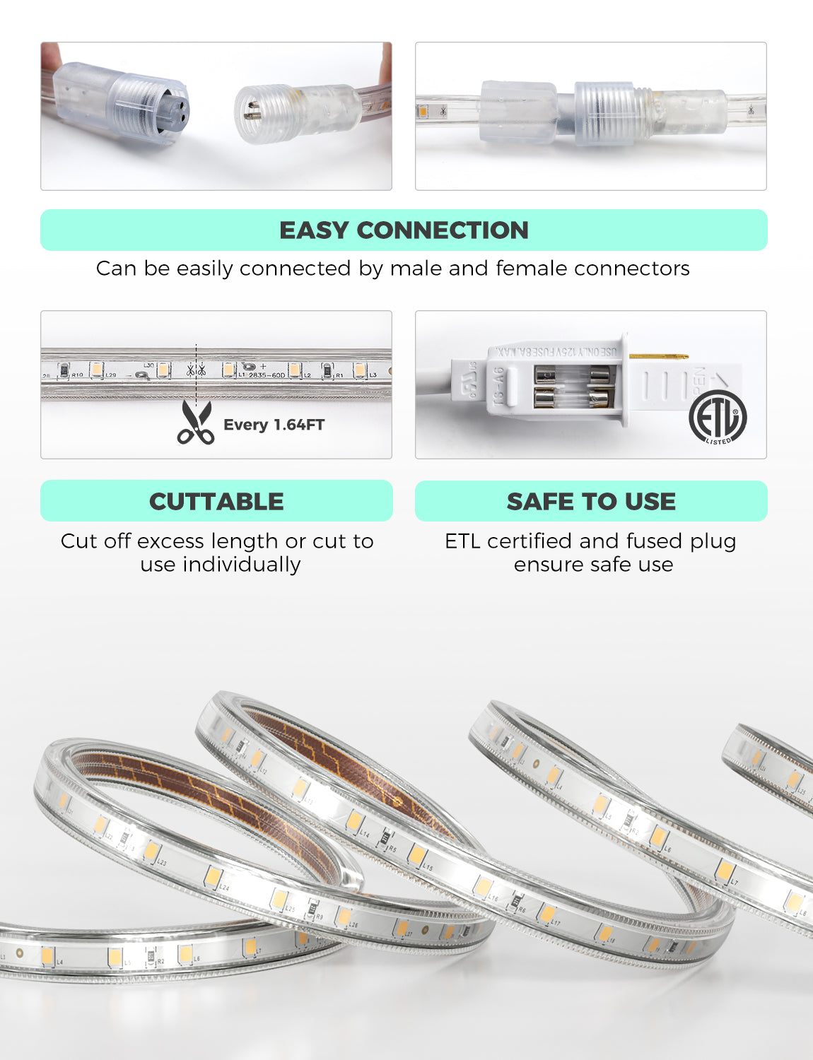 GZBtech AC 110-120V LED Strip Lighting, 16ft to 132ft 6000K Cool White IP65 Waterproof Outdoor Strip Lights, 60LEDs/M SMD2835 Cuttable &amp; Connectable LED Rope Light for Indoor Bedroom Outside Exterior.