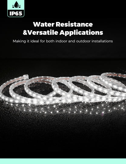 GZBtech AC 110-120V LED Strip Lighting, 16ft to 132ft 6000K Cool White IP65 Waterproof Outdoor Strip Lights, 60LEDs/M SMD2835 Cuttable &amp; Connectable LED Rope Light for Indoor Bedroom Outside Exterior.