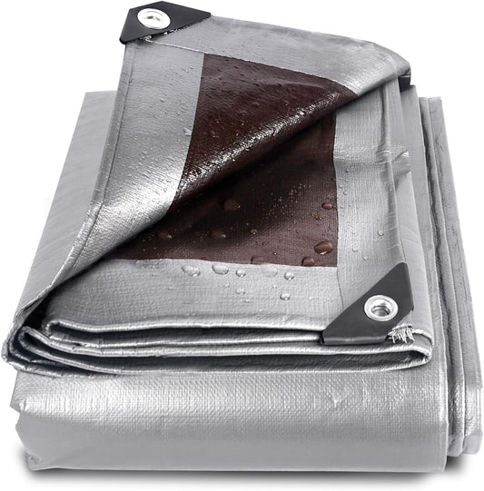 GZBtech Waterproof Tarp 16 Mil Heavy Duty Tarp 11 Sizes Silver&Brown, Waterproof Thick Plastic Ground Cover for Outdoor Patio Garden Yard Use, UV Resistant Poly Tarps.