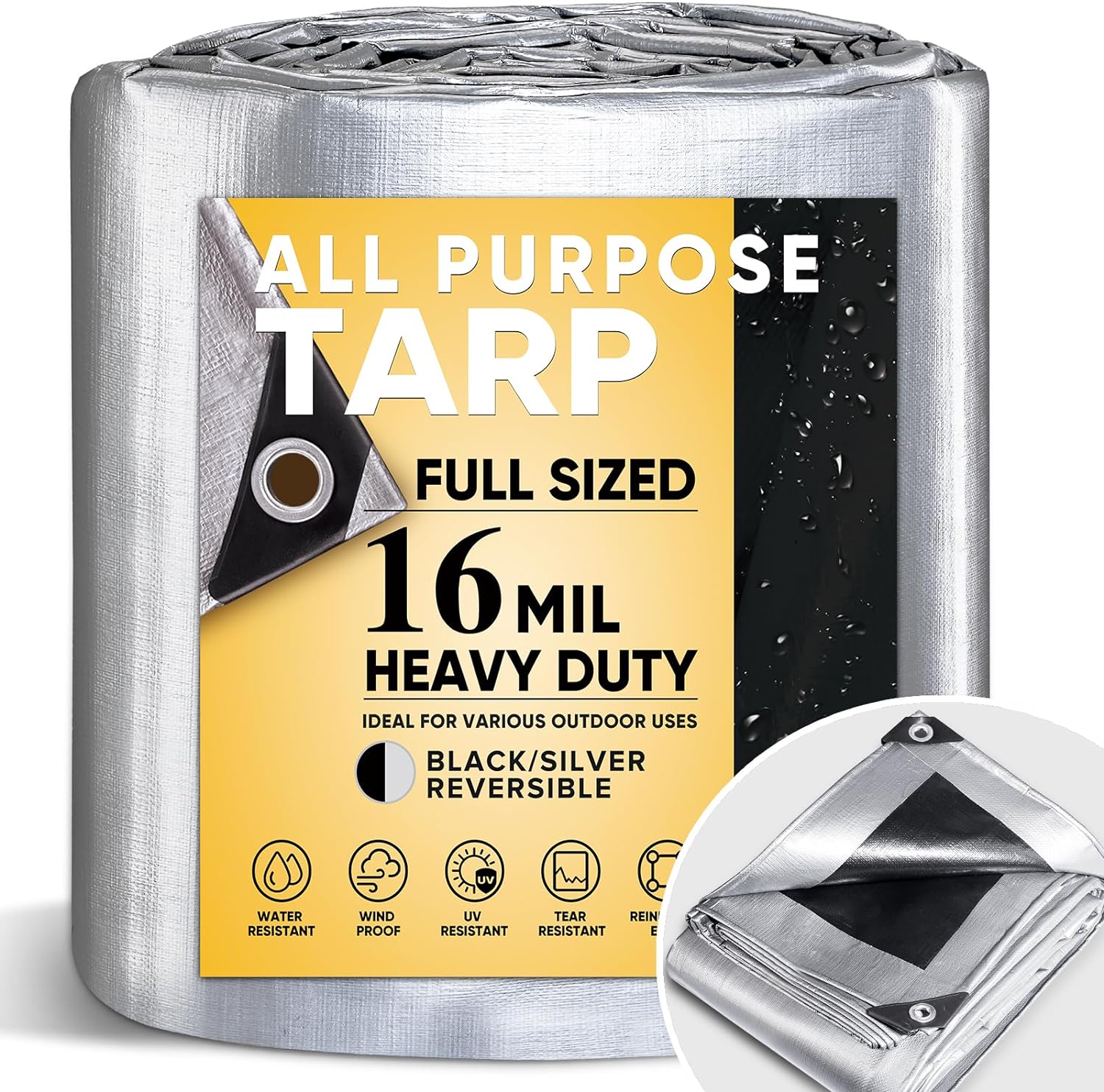 GZBtech Waterproof Tarp 16 Mil Heavy Duty Tarp 11 Sizes Silver&Black, Waterproof Thick Plastic for Outdoor Patio Yard Use, UV Resistant Tarps.