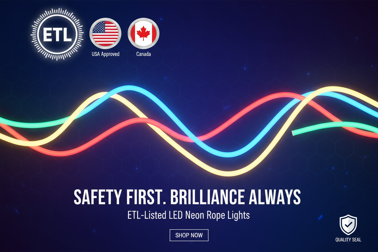 ETL-Listed Safety Guarantee LED neon rope light: Quality safety for USA&CA Home and commercial use.