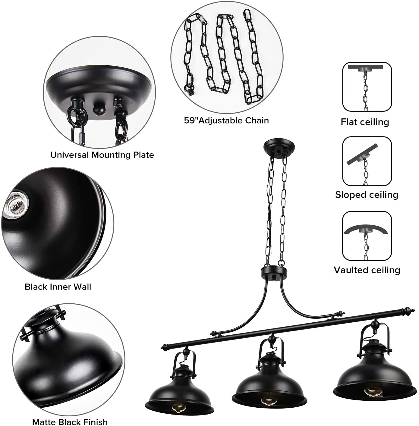 Kitchen Island Black Dome Pendant 3-Lights-4