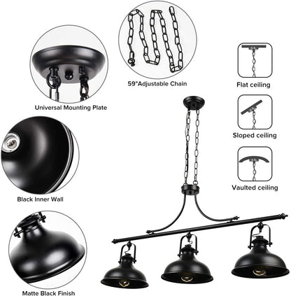 Kitchen Island Black Dome Pendant 3-Lights-4