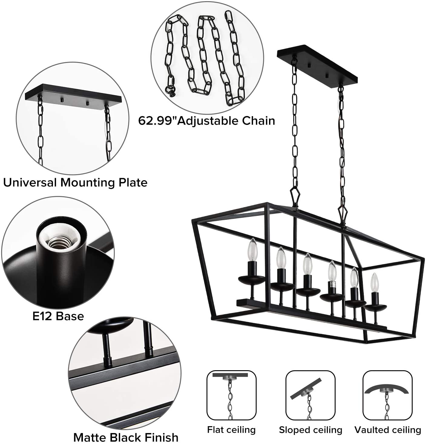 Kitchen Island Rectangle Chandelier Black 6-Light-4