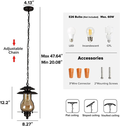 GZBtech Rustic Glass Lantern Outdoor Pendant Light-3