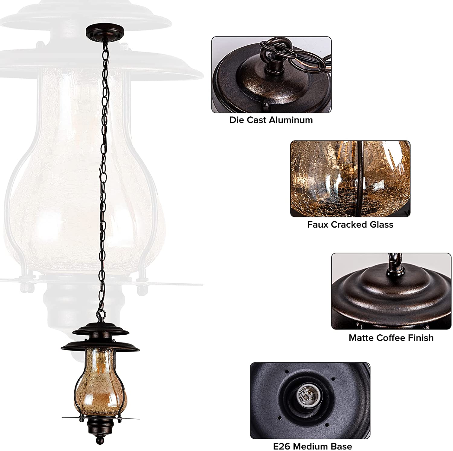 GZBtech Rustic Glass Lantern Outdoor Pendant Light-3